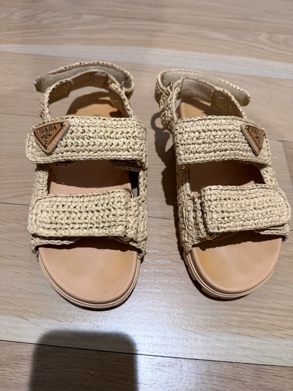Prada Natural Woven Raffia Velcro Sandals 37